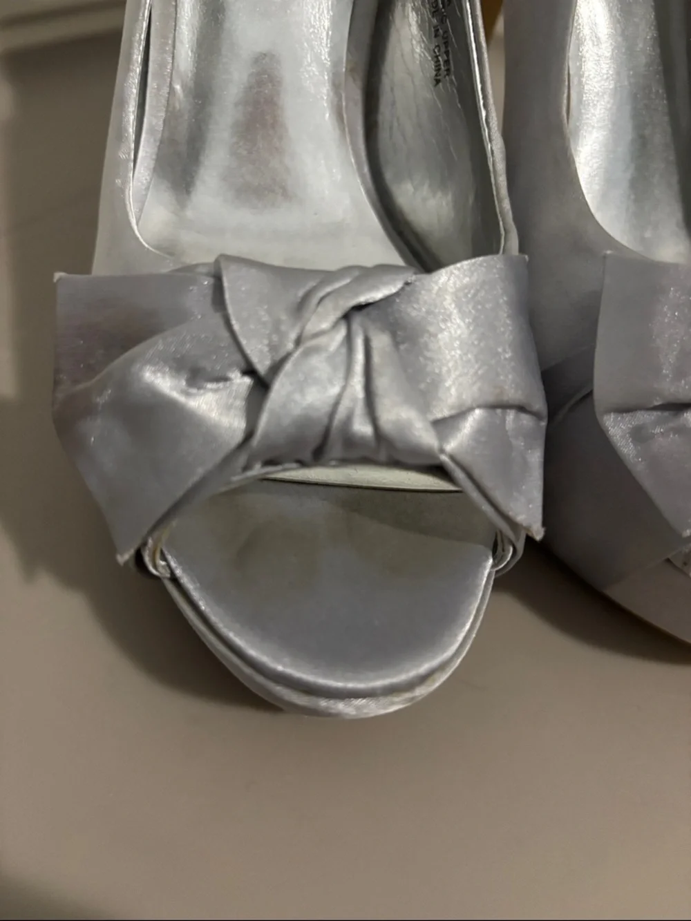 Silver Satin Peep-Toe Slingback Heels with Knot Detail